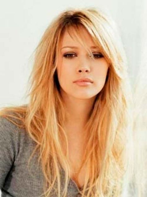 Different Styles of Bangs and Different Ways of Wearing Them - Nail Art, Hairstyles Haircuts For Long Hair With Layers, Side Bangs Hairstyles, Layered Hair With Bangs, Long Layered Haircuts, Long Hair With Bangs, Long Layered Hair, Haircuts For Long Hair, Hilary Duff, Long Hair Cuts