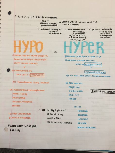 HYPO vs. HYPER parathyroidism, hyperparathyroidism, nursing, charts Hypoparathyroid Nursing, Hyperparathyroid Vs Hypoparathyroid, Hypoxia Vs Hypoxemia, Hypovolemia Vs Hypervolemia, Medical Assistant Student, Nursing Information, Lpn Schools, Nursing School Essential, Vet Medicine