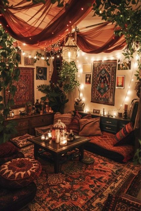 Embrace your inner witch with mystical decor, occult symbols, and witchy artifacts, transforming your living room into a bohemian lair where magic is woven into every detail. Click here to uncover more captivating designs. Witchy Living Room, Dark Boho Living Room, Boho Living Room Ideas, Dark Boho, Dream Bedroom Inspiration, Deco Studio, Cozy Room Decor, Apartment Decor Inspiration, Dream Room Inspiration