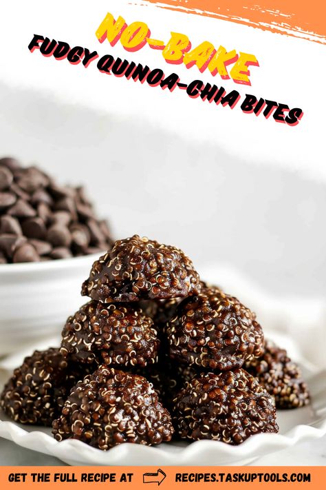 Discover the delight in every bite with our No-Bake Fudgy Quinoa-Chia Bites! These scrumptious snacks are packed with rich chocolate, protein-filled quinoa and nutrient-dense chia seeds. Perfect for busy folks on-the-go, it's a quick, no-bake recipe that's tasty as it is nutritious. Perfect for curbing that sweet tooth, while keeping you energized all day. Follow us for more easy, healthy recipes designed with your wellness in mind Quinoa And Chia Seeds Recipe, Chia Truffles, Sweet Quinoa Recipes, Quinoa No Bake Cookies, Quinoa Crispy Treats, Quinoa Flakes Recipes, Puffed Quinoa Crispy Treats, Broccoli Quinoa Bites, Chocolate Quinoa Crisps Recipe