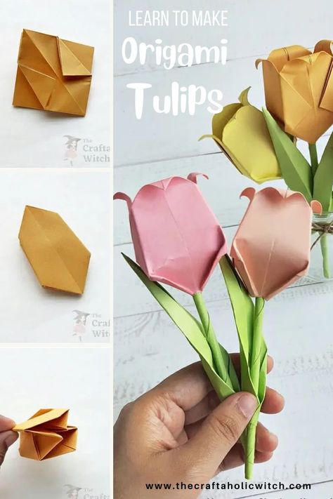 origami tulips Diy Christmas Paper Decorations, Tulip Origami, Paper Christmas Decorations, Origami Rose, Easy Paper Flowers, Paper Wall Hanging, How To Make Origami, Paper Flower Crafts, Paper Flower Template