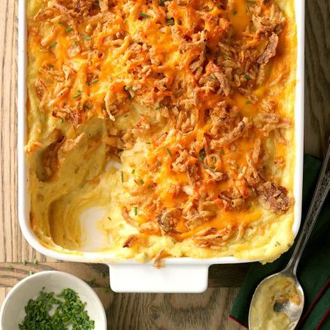 Summer Squash Mushroom Casserole Recipe: How to Make It Side Dishes For A Crowd, Dishes For A Crowd, Cheddar Mashed Potatoes, Cheesy Mashed Potatoes, French Fried Onions, Cheese Potatoes, Cheesy Potatoes, Scalloped Potatoes, Potluck Recipes