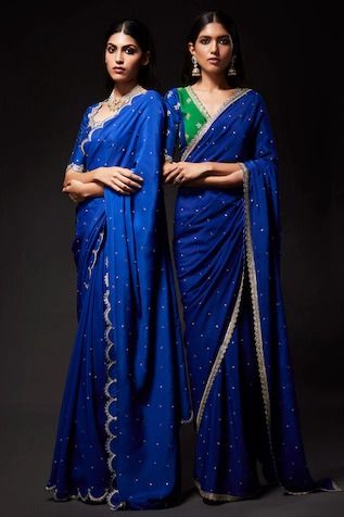 Buy Blue Saree 100% Silk Crepe Hand Embroidered Sequins V With Blouse For Women by Kavitha Gutta Online at Aza Fashions. Spain Fashion 2024, Royal Blue Saree Look, Blue Saree Contrast Blouse, Kavitha Gutta, Contrast Saree, Saree Color Combinations, Royal Blue Saree, Navy Blue Saree, Zari Saree