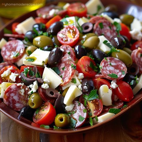 Fresh And Easy Antipasto Salad Recipe | Perfect For Parties - My Home Made Recipe Homemade Antipasto Salad, Marinated Olives Cheese And Salami, Easy Antipasto Platter, Marinated Cheese And Salami, Recipes With Salami, Marinated Salads, Antipasta Salads, Untraditional Thanksgiving Dinner, Easy Antipasto Salad