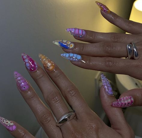 Rainbow nails, colorful nail art, bloom gel nails Rainbow Aesthetic Nails, Rainbow Blooming Gel Nails, Colorful Summer Nails 2024, Colorful Blooming Gel Nails, Nail Art Designs Blooming Gel, Summer Blooming Gel Nails, Summer Nails Blooming Gel, Gel Blooming Nails, Blooming Effect Nails