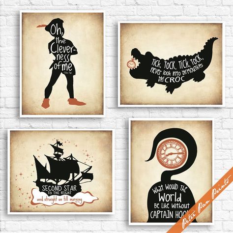 "Boys Room Wall Art Set of 4 Unframed Peter Pan Prints Pirate Nursery Decor Neverland Baby Shower Adventure Nursery Prints Baby Boy Gift Series 4A Colors Featured in Treasure Map with Black and Brown Accents This set includes 4 Prints only... 1. Peter Pan  2. Crocodile 3. Captain Ship 4. Hook THIS LISTING IS TO PURCHASE an ART PRINT. The Story Book Collection is meant to inspire and teach, by rekindling our memories of the stories we cherish. Through stories we learn to laugh, compose, perform, Peter Pan Nursery Boy, Neverland Bedroom, Peter Pan Room, Peter Pan Crafts, Peter Pan Bedroom, Captain Ship, Pirate Nursery, Neverland Nursery, Peter Pan Neverland