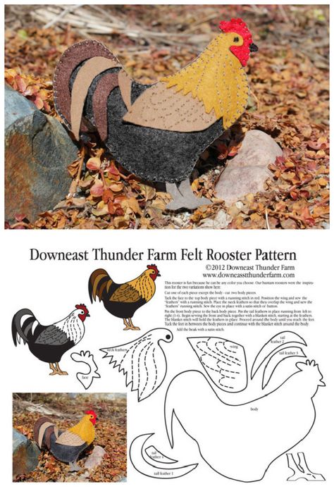 DIY Felt Rooster Free Sewing Patterns & Paid | Fabric Art DIY Chicken Quilt, Felt Ornaments Patterns, Chicken Crafts, Chicken Pattern, Chickens And Roosters, Bird Crafts, Ornament Ideas, Wool Projects, Felt Birds