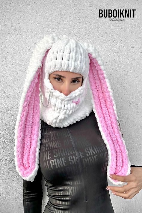 Bunny Ear Balaclava, Handmade Mask, Crochet Mask, White Bunny, Ski Fashion, Crochet Bear, Diy Crochet Projects, Crochet Bunny, Bunny Ears