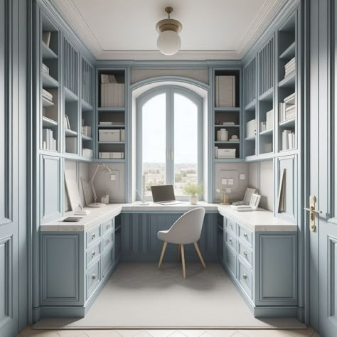 Office Nook Bedroom, Galley Office Space, Blue Office Built Ins, Elegant Craft Room, Grey Blue Office, Blue Study Room, Light Blue Home Office, Home Office Bright, Maximalist Home Office