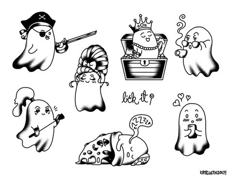 Official Post from Kate Leth: Been awhile since I did some of these. I've done so many over the last couple years and (literally) hundreds of folks have gotten them tattooed. It blows my mind. Cute Ghost Tattoo, Ghost Drawings, Ghost Tattoos, Food Tattoos, Ghost Tattoo, Back Of Shoulder Tattoo, Tattoo Flash Sheet, Doodle Tattoo, Spooky Tattoos