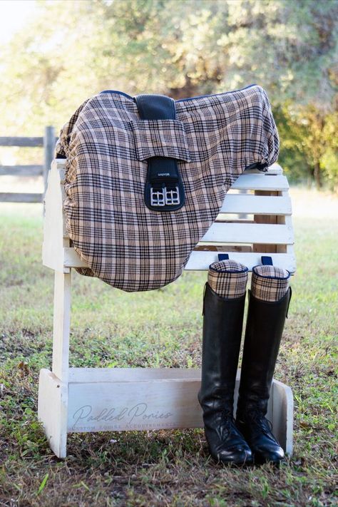 Upcycled Baker blanket made into a custom dressage saddle cover with matching boot trees Custom Saddle Pad, Horse Riding Boots, Boot Tree, Custom Saddle, Equestrian Decor, Horse Crafts, Saddle Cover, Dressage Saddle, Horse Diy