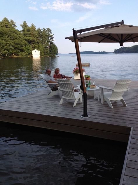 Floating Boat Dock Ideas, Lake Dock Furniture Ideas, Boat Dock Furniture Ideas, Dock Furniture Lake, Dock Furniture Ideas, Deck Over Water, Boat Dock Ideas Lakeside, Lake Dock Ideas, Mismatched Living Room