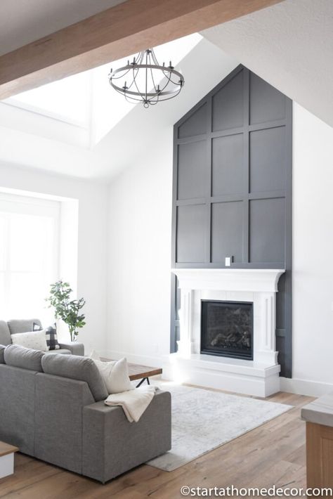 Create a Fireplace Accent Wall that Stands Out - Start at Home Decor Mantle Decor Tall Ceiling, Built In Ideas Living Room, Updating Fireplace Surround, Asymetrical Fireplace Tv Wall, Diy Fireplace Accent Wall, Fireplace Backsplash Ideas, Accent Wall Over Fireplace, Refresh Fireplace, Accent Wall Around Fireplace