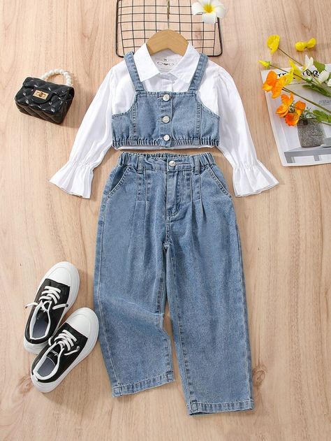 Kids Top Design For Jeans, Baby Girl Jeans Outfit, Kids Jeans Girls Outfit, Girls Jeans Outfit, Jean Top Outfits, Kids Jeans Girls, Girls Denim Shirt, Jeans For Kids, Girls Western Wear