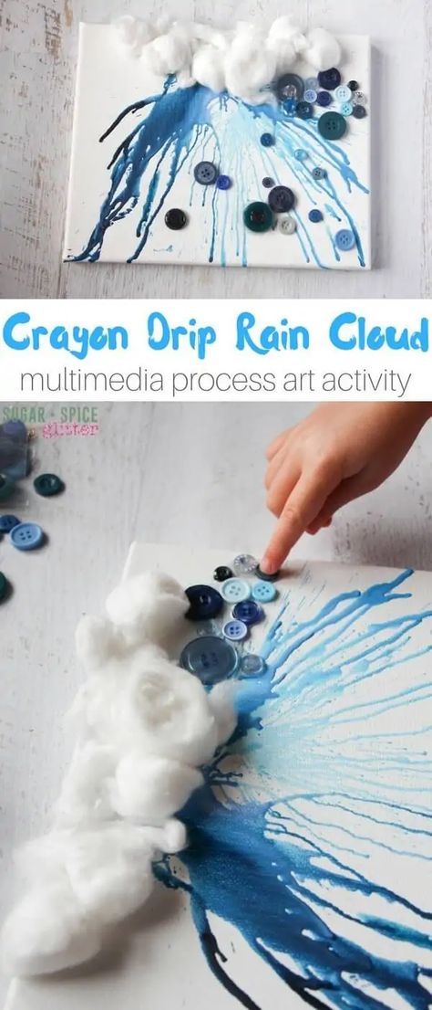 This crayon drip rain cloud "painting" is an awesome process art project for kids on a rainy day. This post discusses why process art is great for kids and tips for successfully creating this project, or one similar to it! Rain Crafts, Rain Art, Rain Cloud, Cloud Art, Easy Art, Kindergarten Art, Rainy Day Activities, Cloud Painting, Spring Art