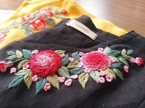 Hand embroidery with anchor thread 🧵 For order and details inbox us. Anchor Thread Embroidery, Bullion Rose, Black Kurti, Anchor Threads, Handmade Tablecloth, Bargello Needlepoint, Floral Embroidery Patterns, Lace Knitting Patterns, Hand Work Embroidery