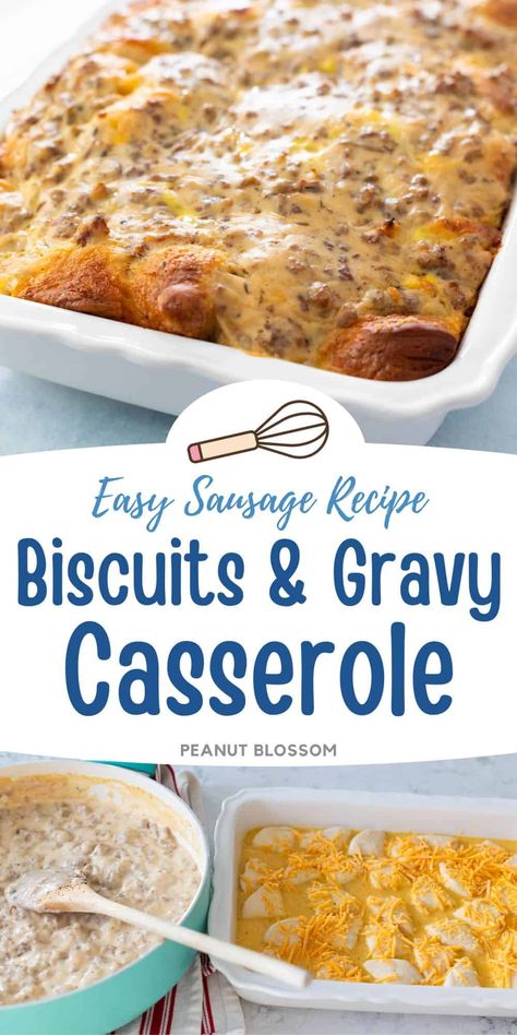 Sausage Biscuits and Gravy Casserole Sausage Biscuits And Gravy Casserole, Sausage Biscuits And Gravy, Seasoned Eggs, Easy Biscuits And Gravy, Casserole Dinner Recipes, Easy Sausage Recipes, Gravy Casserole, Breakfast Casserole With Biscuits, Biscuits And Gravy Casserole