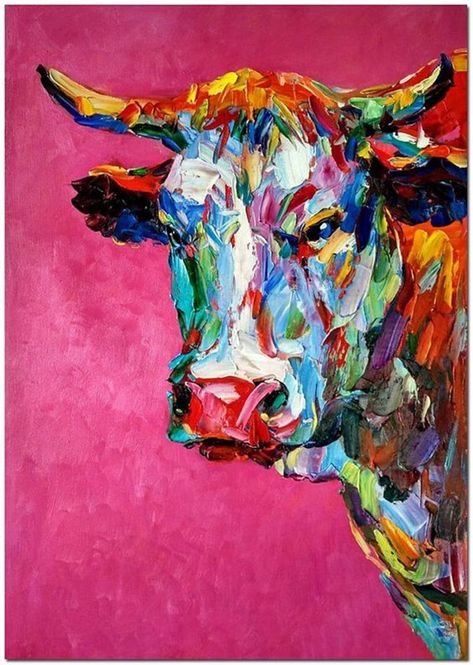 40 Best Colorful Paintings Of Animals - Bored Art Colorful Animal Paintings, Art Certificate, Bull Painting, Cow Painting, Cow Art, Furniture Painting, Painting Gallery, Colorful Animals, Arte Animal