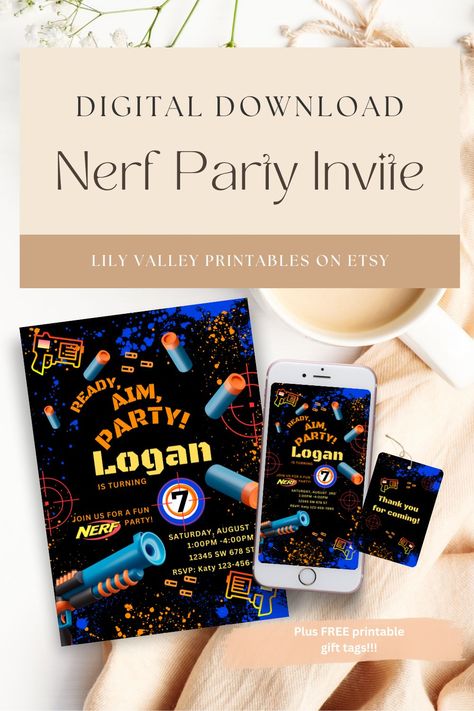 Get your Nerf party started with all the fun and excitement it needs with this amazing Nerf themed digital invite! It's super easy to edit and use via your mobile phone or edit and send to your local print shop. You can even print at home if you want! Eezy peezy! Click the link below to shop! Did I mention it comes with FREE gift tags?! Score! Nerf Birthday Invitations, Nerf Party Invitations, Water Birthday Parties, Water Birthday, Nerf Birthday Party, Nerf Party, Free Printable Gift Tags, Free Gift Tags, Digital Invite