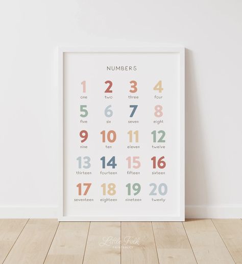 Introduce your kiddo to their numbers 1-20 with this colorful poster. Decorate a wall in your little one's nursery, bedroom, or playroom with this educational print to encourage learning everyday. Grant Wilson, Baby Footprints Christmas, Rainbow Numbers, Baby Handprint Art, Baby Handprint Crafts, Counting To 120, First Birthday Posters, Playroom Posters, Photo Print Sizes