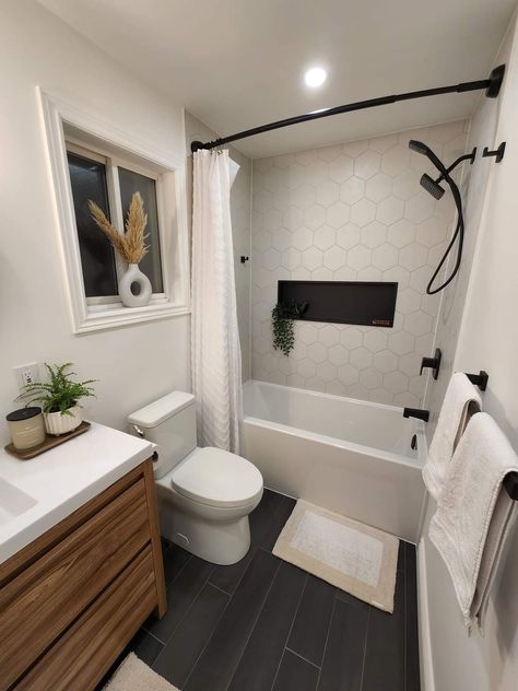 Renovating House On A Budget, Small Showers Remodel, Small Bathroom With Shower And Bath, Studio Bathroom Ideas, Condo Bathroom Ideas, White And Black Bathroom Ideas, Tiny Full Bathroom Ideas, Restroom Remodel Ideas, Small Full Bathroom Layout