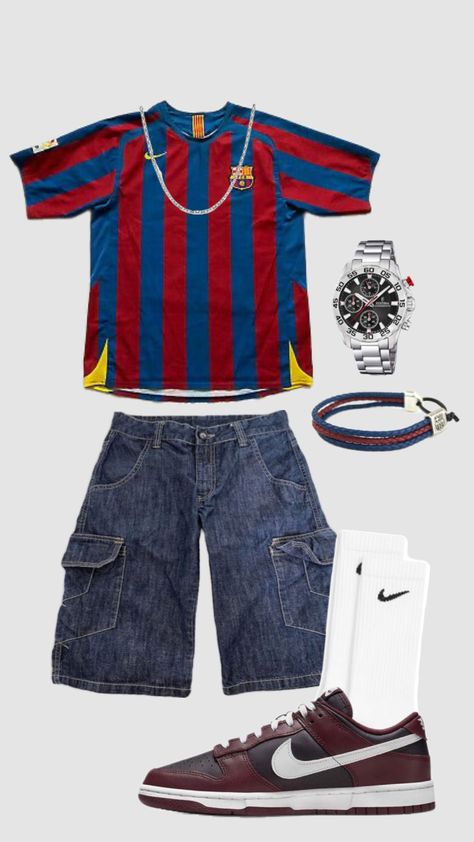 #outfit #outfitideas #summer #barcelona #fcbarcelona #nike #jorts Summer Barcelona, Youthful Outfits, Barcelona Outfits, Street Style Outfits Casual, Football Jersey Outfit, Bridal Store, Outfits For Men, Streetwear Fits, Streetwear Clothes