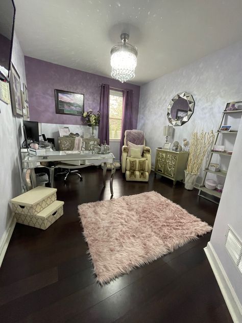 Lavender Home Office Ideas, Mom Cave Office, Purple And Grey Office Ideas, Purple And White Office, Office Decor Purple, Lavender Office Ideas, Purple Home Office Ideas, Gray Office Ideas, Purple Home Offices