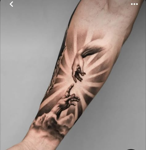 Halo Crown Tattoo, Top Forearm Tattoo For Men, Best Forearm Tattoos For Men Ideas, Cool Sleeve Tattoos For Guys, Forearm Tattoo Men Sleeve Clouds, Dbz Tattoo, Tattoo Homme, Half Sleeve Tattoos Forearm, Heaven Tattoos