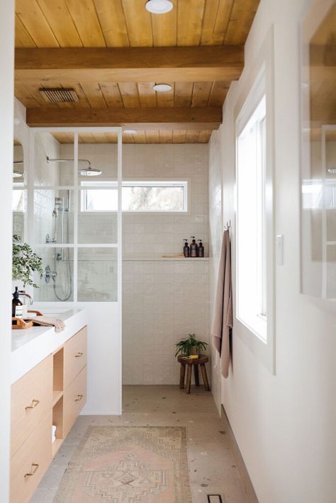 Our Finished Ensuite: Rosie by the River Reveal #1 - Kristina Lynne Beautiful Tile Floor, Narrow Bathroom, Jamie Lynn, Cottage Bathroom, Upstairs Bathrooms, Wood Ceilings, Bathroom Renos, Beautiful Bathrooms, Shower Wall