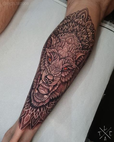 Wolf Tattoo Design Men Leg, Wolf Leg Sleeve Tattoo Men, Wolf Tattoo Leg Men, Leg Wolf Tattoo Men, Full Leg Wolf Tattoo, Grimoire Tattoo, Aurora Tattoo, Lion Mosaic, Mosaic Mandala