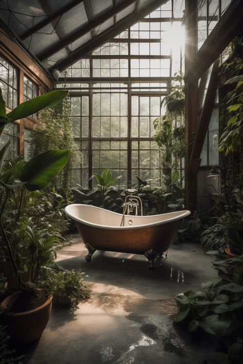 Another dream creation from my atrium and greenhouse collection. Garden Style Bathroom, Conservatory Bathroom Ideas, Greenhouse With Pool Inside, Bathtub Greenhouse, Bathroom With Plants Aesthetic, Bathtub In Greenhouse, Indoor Pool Greenhouse, Green House With Pond Inside, Green House Bathroom