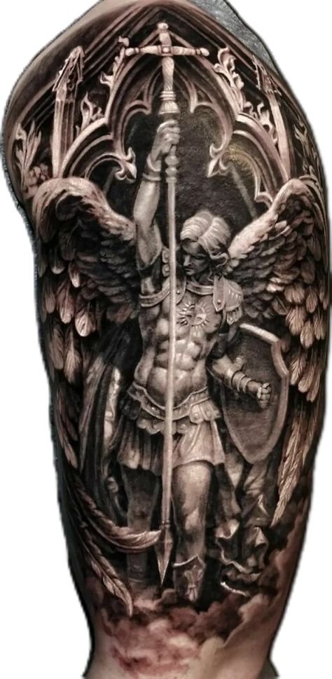 Guardian Tattoo For Men, Angelic Sleeve Tattoo, Angel Tattoo Realism, Archangels Tattoo, Arc Angel Tattoo, Arc Angel Michael Tattoo, Angel Michael Tattoo, Arc Angel Michael, Michael The Archangel Tattoo