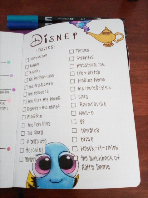 Bullet Journal Netflix List, Movie List Bullet Journal Ideas, Journal Ideas Disney, Cover Ideas For Notebooks, Film Journal Ideas, Disney Checklist, Bullet Journal Netflix, Disney Movies List, Bullet Journal Ideas Templates