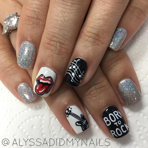 Kiss Rock Band Nails, Rock Band Nail Art, Rolling Stones Nails Designs, Black Rocker Nails, Jelly Roll Concert Nails, Rock Concert Nails Ideas, Rock Style Nails, Rock And Roll Nails Ideas, Rock Music Nails