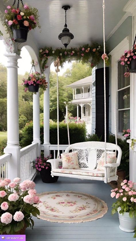 Shabby Chic Porch, Balkon Decor, Summer Porch Decor, Porch Styles, Summer Porch, Casa Vintage, Front Porch Decorating, Porch Design, Decoration Inspiration