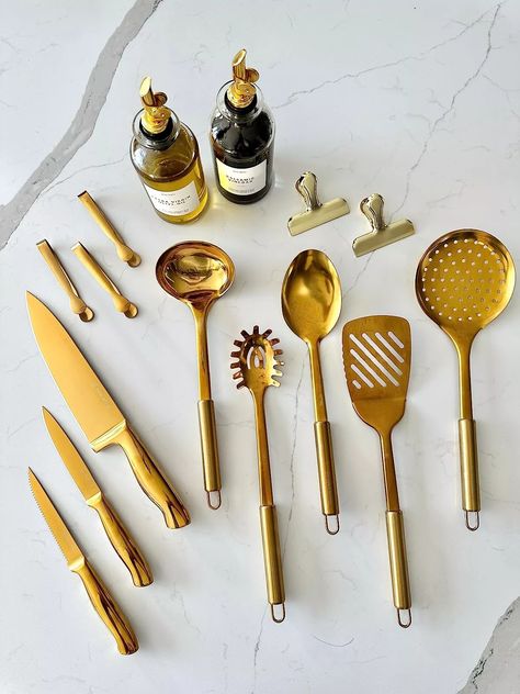 luxe for less kitchen finds, gold mini appetizer tongs, white and gold knife set, gold cooking ut... | Amazon (US) Gold Knife Set, Gold Knife, Luxe For Less, Gold Kitchen Accessories, Mini Appetizers, Olive Oil Dispenser, Kitchen Finds, Chef Knife Set, Gold Kitchen