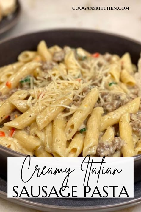 Creamy Italian Sausage Pasta has a very slight spicy kick to it and the Parmesan, broth, garlic, and cream create an almost buttery-like sauce. It is SO GOOD! Air Fryer Chicken Meatballs, Parmesan Broth, Creamy Italian Sausage Pasta, Sausage Alfredo Pasta, Sausage Pasta Sauce, Sausage And Peppers Pasta, Sausage Penne, Spicy Sausage Pasta, Cream Sauce Pasta