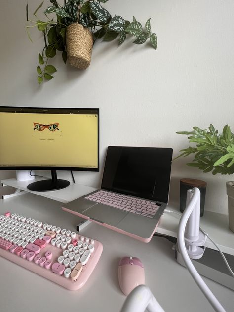 Aesthetic Productive, Pink Setup, Pastel Room Decor, Laptop Windows, Pastel Room, Wireless Keyboard, Keyboard Mouse, Keyboard And Mouse, Room Setup