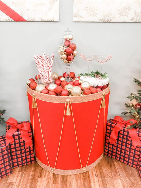 Christmas Drum, Nutcracker Christmas Party, Diy Drums, Half Moon Table, Wet Foam, Moon Table, Nutcracker Decor, Spray Glue, Wooden Drawer