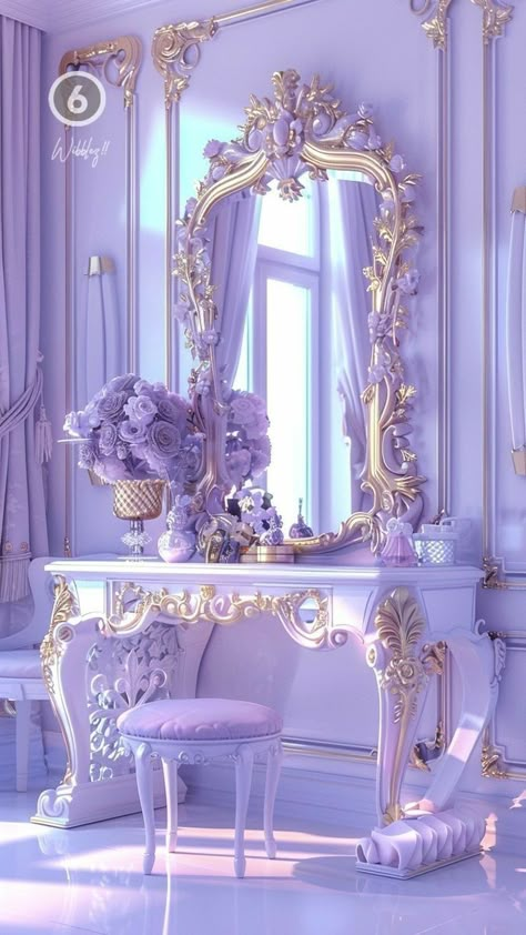 Lavender House Aesthetic, Purple Princess Room Ideas, Purple Aesthetic Furniture, Vintage Purple Room, Purple Royal Bedroom, Lavender Aesthetic Room, Lilac Bedroom Aesthetic, Lavender Bedroom Aesthetic, Dreamy Vanity