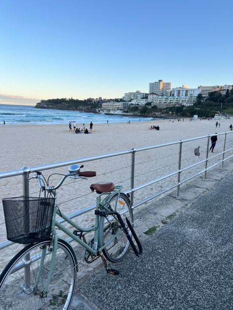 Bondi beach, bike, bicycle, basket, sunset, summer, warm, sandy, cute, aesthetic, waves, vintage, retro Bondi Aesthetic, Bike Aesthetic Vintage, Beach Bike Aesthetic, Aesthetic Bikes With Basket, Bondi Beach Aesthetic, Aesthetic Bike Ride, Biking Aesthetic, Beach Bike Ride, Bicycle Aesthetic