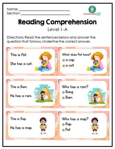 Reading comprehension is the ability to understand written words. It is essential that as early as kindergarten, reading comprehension exercises are given to learners because it allows for building… Early Reading Worksheets, Reading Comprehension Preschool, English Comprehension Grade 1, Reading For Kindergarten Worksheets, Comprehension For Class 1, Kindergarten Comprehension Activities, Reading Comprehension For Kindergarten, Grade School Activities, Vocabulary Building Activities