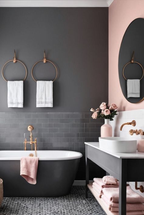 Blend drama and softness with this charcoal grey and blush pink scheme. A modern take on romantic bathroom design. #ModernBathroom #CharcoalAndPink Navy And Pink Bathroom Ideas, Dark Bathroom Ideas Color Schemes, Grey Black Bathroom, Charcoal Grey Bathroom, Black And Pink Bathroom, Pink Scheme, Pink And Grey Bathroom, Interior Design Toilet, Modern Pink Bathroom