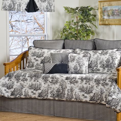 Plymouth Black and White Toile 10-Piece Cotton Daybed Set, Size Full White Daybed, Toile Bedding, Daybed Sets, Daybed Cover Sets, Daybed Bedding, Wood Daybed, Daybed Covers, Luxury Bedding Set, Daybed With Trundle