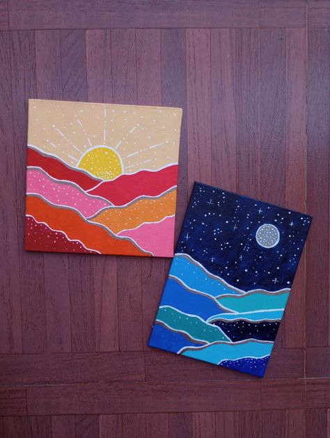 2 Canvas Paintings That Go Together Easy, Painting Ideas For Two People, 9x12 Canvas Painting Ideas Easy, Easy Paintings Square Canvas, Asethic Canvas Painting Ideas, Day And Night Painting Ideas, Easy Acrylic Painting Ideas Square Canvas, Duo Painting Ideas On Canvas, 2 Person Painting Ideas