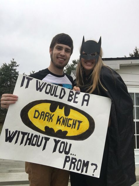 Batman promposal! Batman Promposal, Sadie Proposals Ideas, Homecoming Dance Proposal, Promposal Ideas For Him, Sadies Proposal, Cute Hoco Proposals, Homecoming Poster Ideas, Cute Promposals, School Dance Ideas