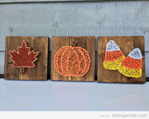 Autumn String Art Projects: leaves, tree, pumpkin and candy corns - String Art DIYString Art DIY Fall String Art, String Art Ideas, Barn Crafts, String Art Templates, Nail String Art, String Crafts, String Art Patterns, String Art Diy, Fall Halloween Crafts