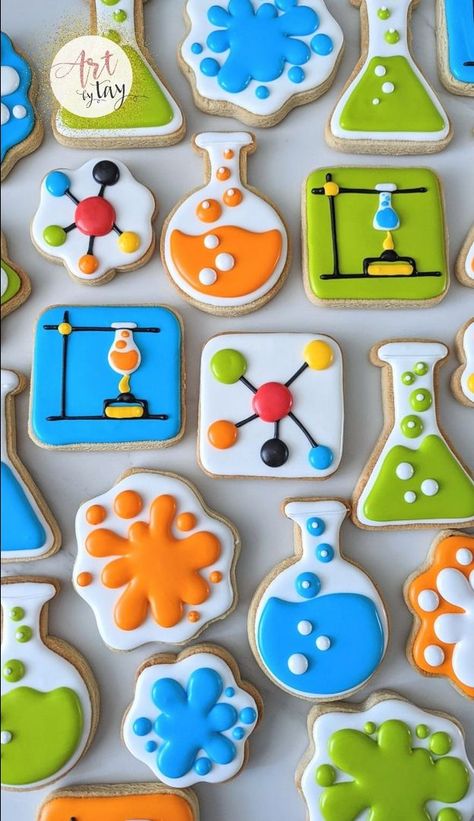 Science Cookies, Science Cake, Science Themed Party, Science Birthday Party Ideas, Scientist Birthday Party, Mad Scientist Birthday, Scientist Birthday, Mad Science Party, Mad Scientist Party