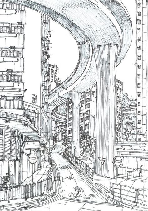 Environment Sketch, Cityscape Drawing, Hong Kong Art, Perspective Sketch, Andermatt, Perspective Drawing Architecture, Urban Sketches, City Sketch, Perspective Drawing Lessons