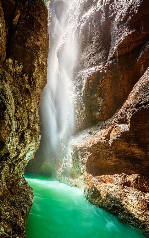 ~~Liquid Light - Partnachklamm ~ Partnach Gorge is a deep gorge that has been incised by a mountain stream, the Partnach, in the Reintal valley near the south German town of Garmisch-Partenkirchen by mibreit~~ Natural Scenes, Beautiful Scenes, Amazing Pics, Beautiful Waterfalls, Incredible Places, Natural Earth, Beautiful Place, Simple Pleasures, Pretty Places